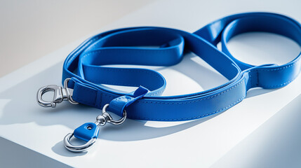 blue hand free leash, belt for walk with dog, pet accessories closeup shot isolated on minimal white wooden table 