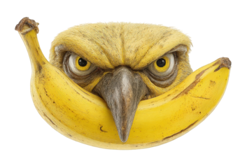 Angry bird face with yellow banana illustration digital art graphic design funny cartoon bird portrait artistic creative on transparent background
