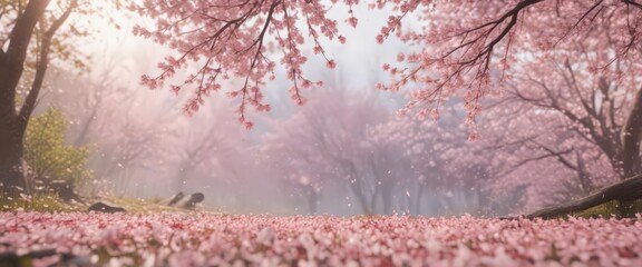 Fototapeta premium Falling sakura petals create a soft pink haze against a blurred spring landscape , oriental, soft light