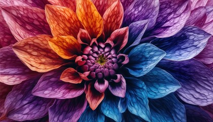 a vibrant dahlia displays a mesmerizing radial symmetry of rich purples, oranges, and blues in a detailed close-up.