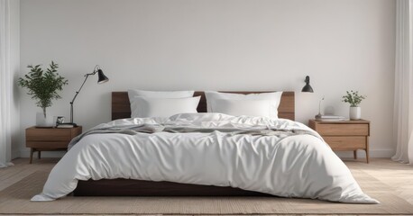 White linens on king bed, minimalist Scandinavian bedroom ,  sheets, Scandinavian,  neutral