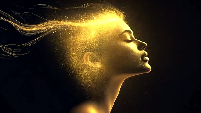 Serene woman's profile, skin dusted with gold, hair dissolving into light particles against dark void