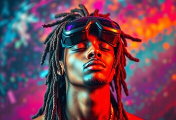 Fototapeta premium Serene figure with dreadlocks and futuristic goggles, eyes closed, vibrant abstract background, calmness, photography