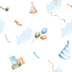 Seamless pattern with watercolor holiday elements. Gifts, cap, doodle, streamers, garland, balloons. For holiday decor, background, wrapping paper