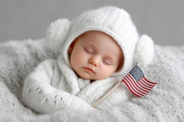 A baby wrapped in a soft blanket designed with stars and stripes next to a tiny flag