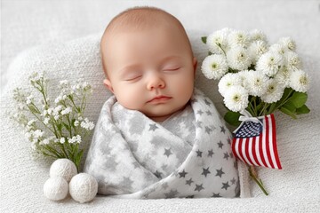 A baby wrapped in a soft blanket designed with stars and stripes next to a tiny flag