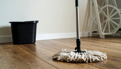 String mop and bucket on wooden floor near white wall