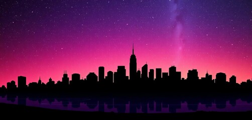 Silhouetted city skyline against a vibrant starry night sky gradient backdrop, cityscape,  dark