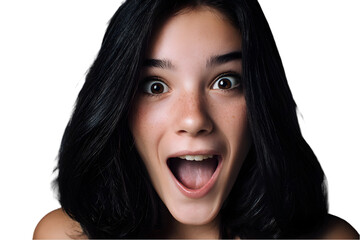 Astonished young woman with dark hair and freckles shows surprise and amazement open mouth wide eyes on transparent background