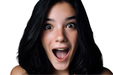 Astonished young woman with dark hair and freckles shows surprise and amazement open mouth wide eyes on transparent background