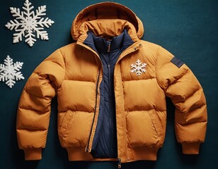 Stylish yellow padded jacket with a snowflake emblem, perfect for winter excursions.