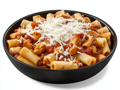 
A black bowl filled with creamy white rigatoni pasta topped with rich red tomato chicken ragù, the pasta visibly coated in white sauce and sprinkled lightly with grated cheese, the chicken ragù place