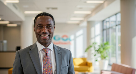 Smiling African American businessman in gray suit with patterned tie in bright modern office lobby. Professional confidence for corporate leadership