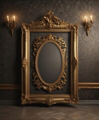 Elegant vintage frames on luxurious damask backdrop,  interior design,  sophisticated