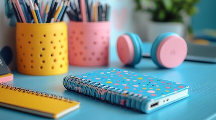 Colorful school supplies on a desk