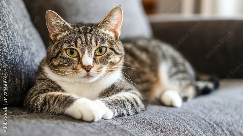 Poster a tabby cat with white paws rests comfortably on a gray couch, its gaze directed towards the viewer,