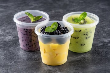 Three plastic cups with fruit and yogurt parfaits on a dark surface