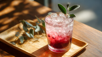 Blackberry Sage Shrub Soda for Clean Label Brand, Wood Tray Styling (AI Image)