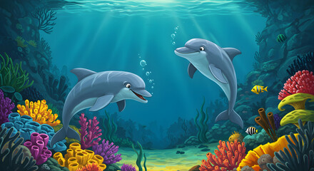 Fototapeta premium Dolphin Swimming in Colorful Coral Reef Underwater Scene