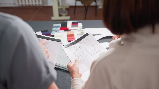 Costumiers reviewing different material design patterns during creative brainstorming session, holding pattern sketches on paper while colorful paper sheets are scattered across workspace