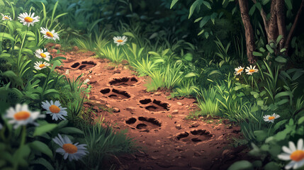 Bunny footprints along a dirt path in a lush garden scene  