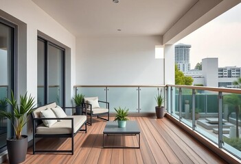 Sleek minimalist balcony, modern furniture, single potted plant, ample empty space,  simple,  outdoor seating