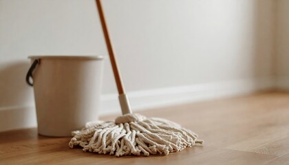 String mop and bucket on wooden floor near white wall