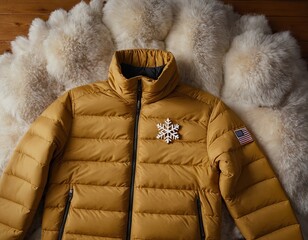 Stylish yellow puffer jacket with snowflake design on cozy white fur backdrop.
