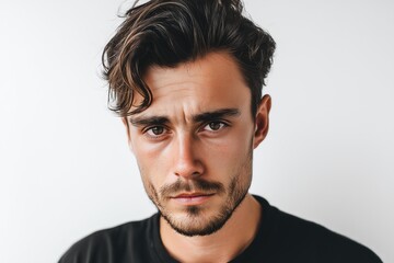 Obraz premium dark-haired man with serious face on white background 