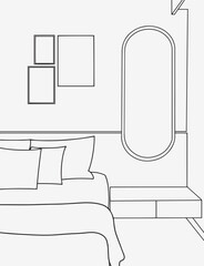 Living room graphic black, white home interior sketch illustration vector. Interior design with modern living room in black sketch line on white background, vector, illustration.