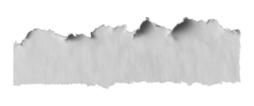 Jagged edged white paper fragment ripping diagonally, revealing torn texture against transparent backdrop, emphasizing realistic paper break effect
