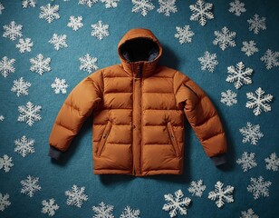 Stylish orange puffer jacket on a snowy blue background, perfect for winter fashion statements.