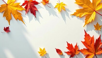 Clean white linen, sunny yellow, colorful autumn leaves scattered , still life, red