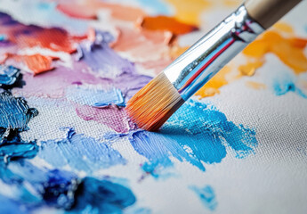 Fototapeta premium Close-up view of a paintbrush applying vibrant blue paint onto a textured canvas, showcasing a palette of colorful oil paints. : Generative AI