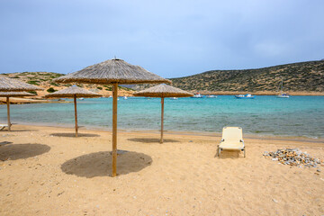 Kalotaritissa Beach, a sandy beach in the Greek island of Amorgos. Cyclades, Greece