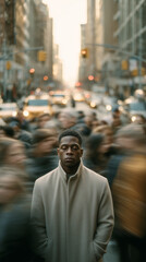 Fototapeta premium A photorealistic vertical cinematic shot of a man standing still with his eyes closed in the middle of a busy American city street during daytime