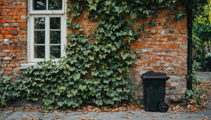 a weathered brick building is partially covered in vibrant ivy next to a black trash can on a stone paved path scattered with fallen leaves.