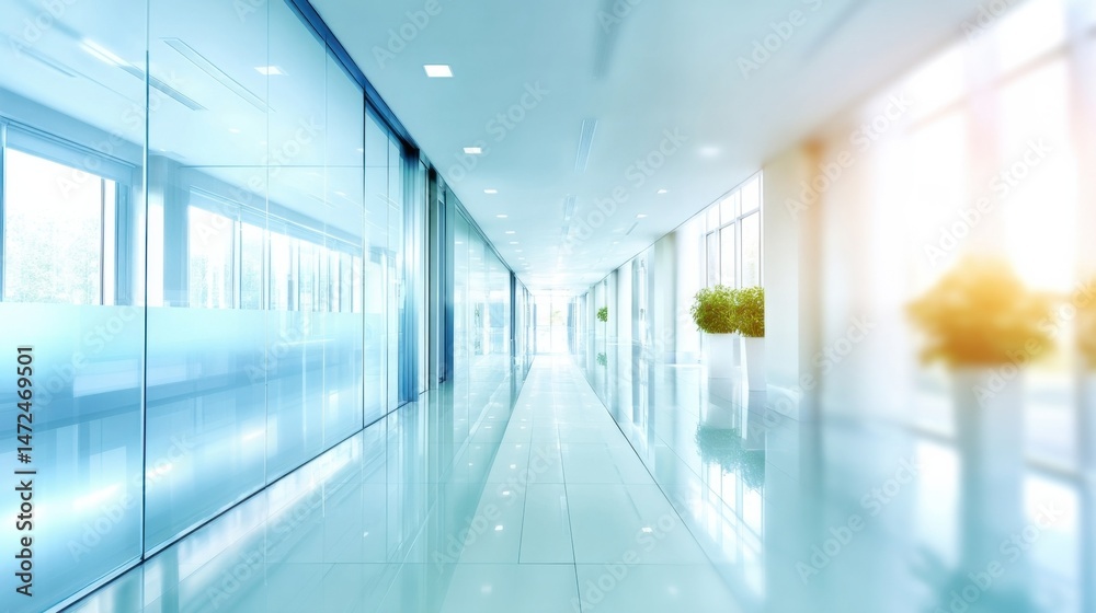 Poster modern office hallway with glass walls and bright sunlight streaming through large windows, creating