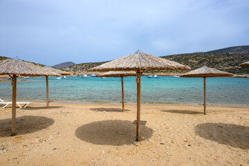 Fototapeta premium Kalotaritissa Beach, a sandy beach in the Greek island of Amorgos. Cyclades, Greece