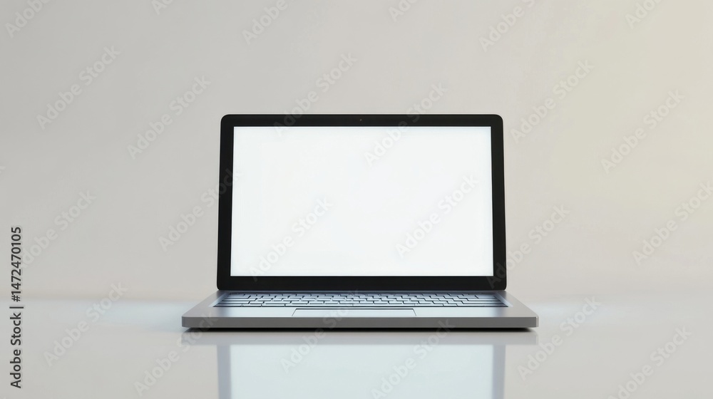 Aufkleber a sleek silver laptop with a blank white screen sits on a reflective surface against a minimalist gr