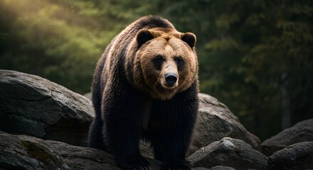 Obraz premium Brown Bear Standing on Rocks in Forest Habitat