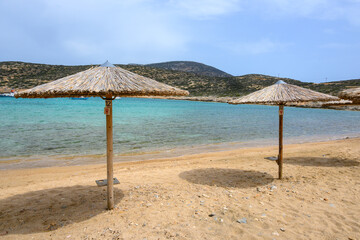 Kalotaritissa Beach, a sandy beach in the Greek island of Amorgos. Cyclades, Greece
