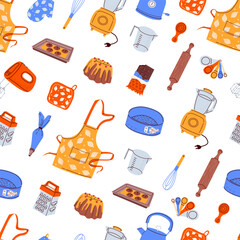 Pattern retro kitchen tools for baking Hand drawn of vintage kitchenware, utensils, ingredients set. Kitchen equipment, stuff for cooking cake. Molds, spoon, spatula, teapot, cup, plate, rolling pin