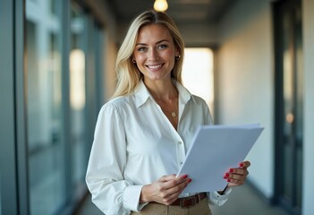 Smiling Woman Holding Clipboard Wearing White Shirt in Office