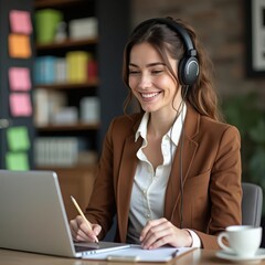 Young Woman Wearing Headphones Working on Laptop at Home