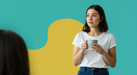 Woman in white t-shirt holding coffee mug against turquoise wall with yellow speech bubble. Casual conversation setting ideal for interview segments and modern communication concepts