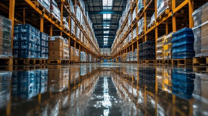 Warehouse interior with packed goods reflecting on a shiny floor, under bright lighting