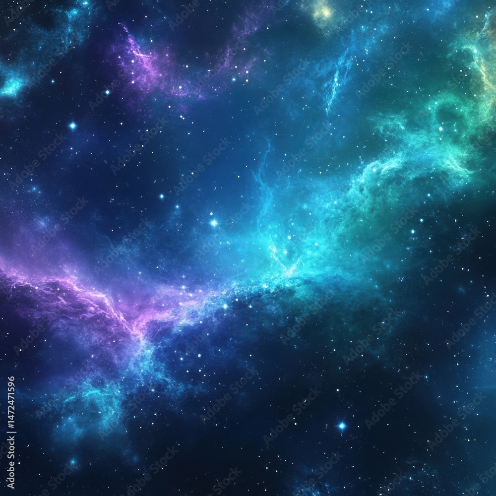 Poster a mesmerizing cosmic nebula, swirling with vibrant teal and purple hues, is scattered with countless