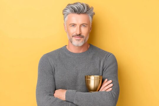 A dad holding a trophy that says master of bad jokes with a smirk