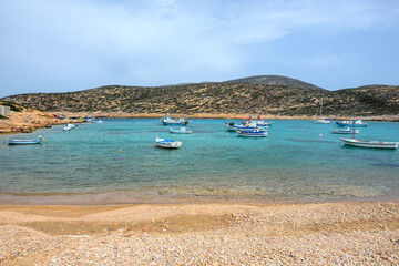 Obraz premium Kalotaritissa Beach, a sandy beach in the Greek island of Amorgos. Cyclades, Greece